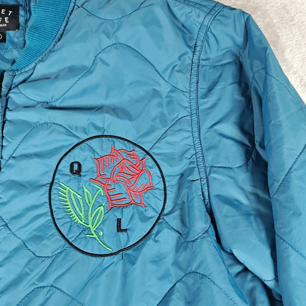 The Quiet Life Jacket Mens Medium Blue Quilted Rose Embroidery Full Zip Skater